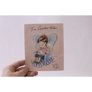 Girl Knitting in a Chair, Expectant Mother, Greeting Card, USED ~ 251120-WH 1402